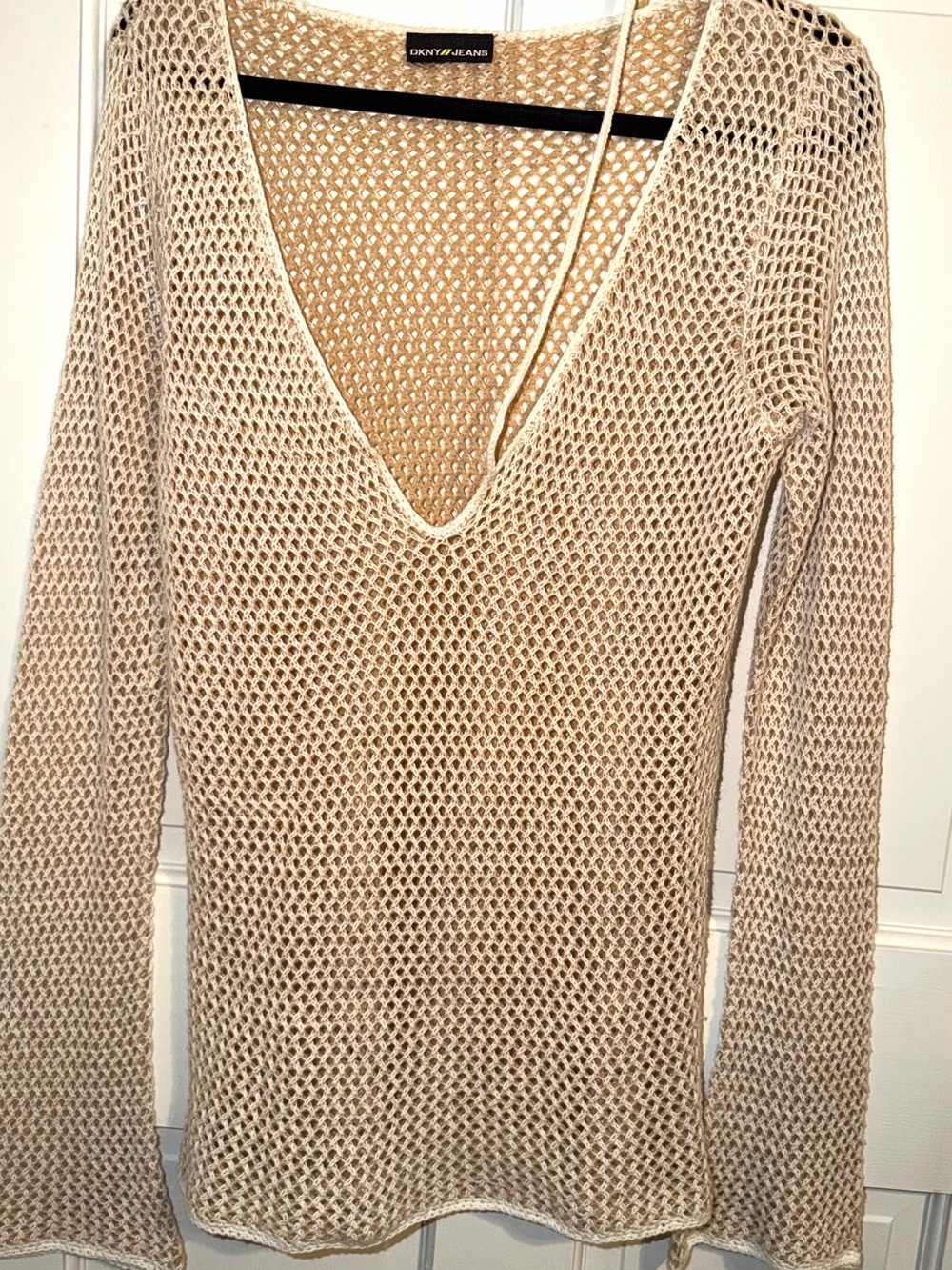 DKNY white and  Beige Open-Knit V-Neck Sweater or cover up